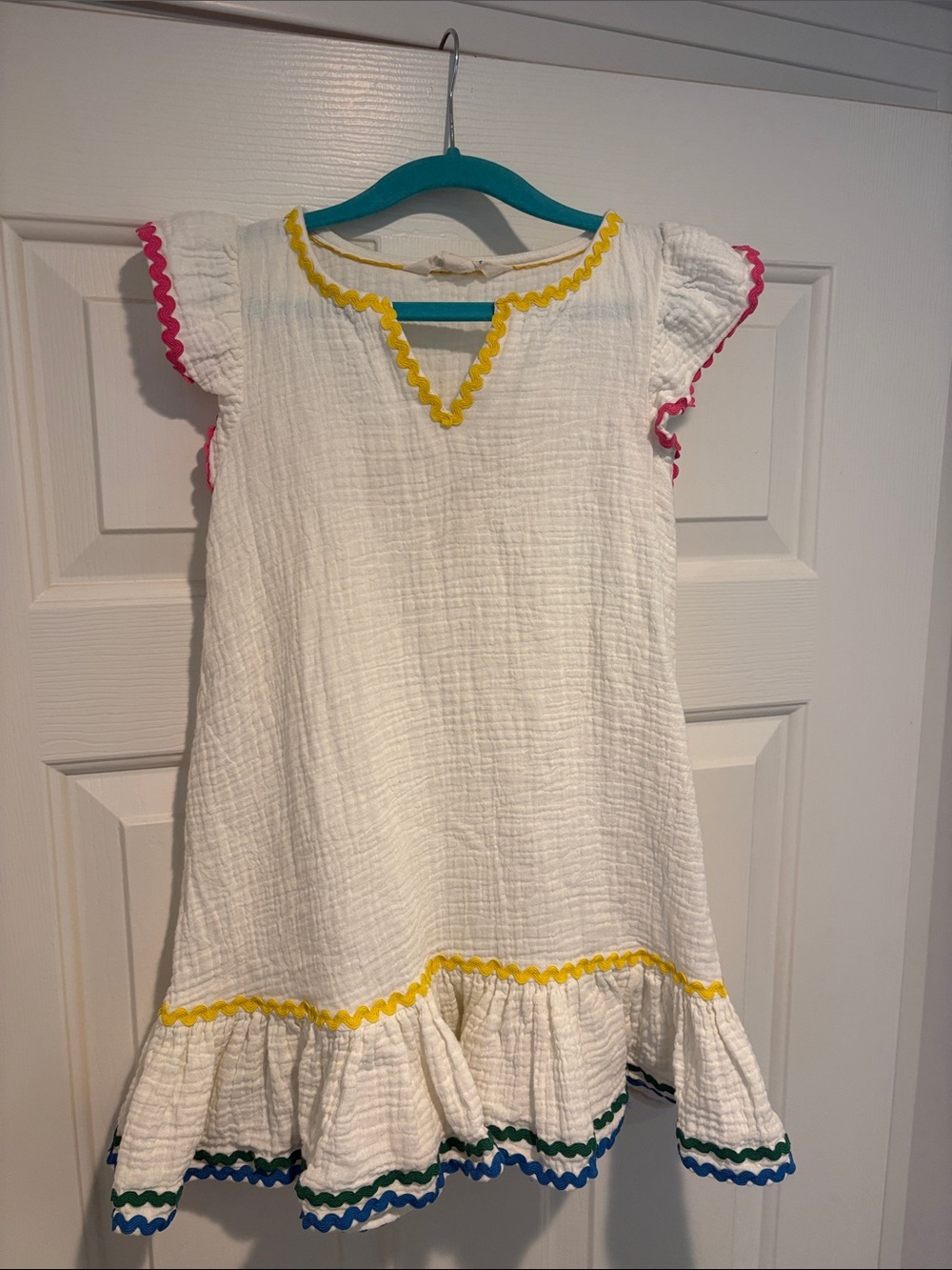 Mini Boden White Cotton Gauze Dress with Yellow, Pink, Blue and Green Rickrack